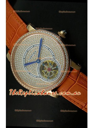 Ronde De Cartier Tourbillon Replica Watch Pink Gold Case - Brown Strap