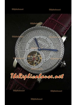 Cartier Calibre Tourbillon Watch with Diamonds Dial Red Strap