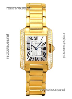 Cartier Tank Anglaise Yellow Gold Watch in Steel Strap Diamonds Bezel Swiss Quartz Watch 30MM