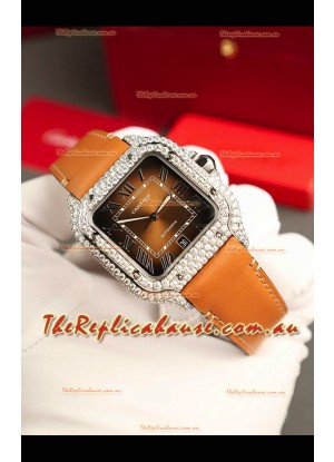 Santos De Cartier Watch in Brown Dial 39.50MM MOSSANITES Paved Bezel Swiss Replica Watch