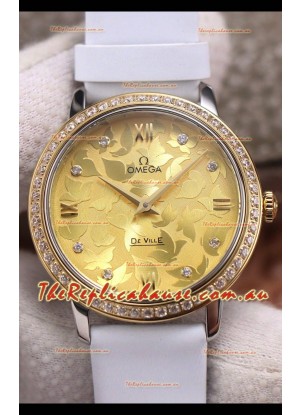 Omega De Ville Floral Dial Swiss Quartz Movement in Two Tone Casing - Gold Dial