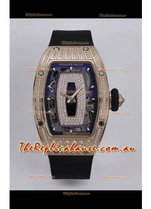 Richard Mille Super Clone RM07-01 Diamonds Paved 904L Rose Gold Casing Automatic Replica Watch