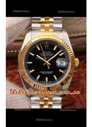 Rolex Datejust 36MM Cal.3135 Movement Swiss Replica Watch in 904L Steel Two Tone Casing Black Dial