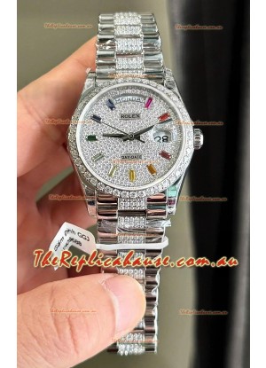 Rolex Day Date Super Clone White Gold Plated Custom Modified Diamonds Paved Watch 