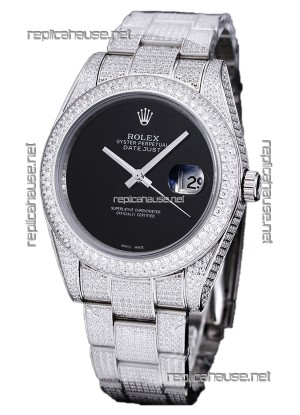 Rolex Datejust 41MM Swiss Replica - Iced Out Edition in Black Dial 