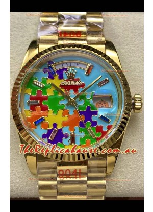 Rolex Day Date Emoji Jig-Saw Puzzle Yellow Gold Casing Swiss Replica Watch 