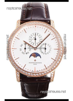 Vacheron Constantin Patrimony Perpetual Calendar Ultra-Thin Rose Gold White Dial Swiss Replica