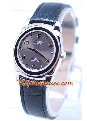 Rolex Cellini Cestello Ladies Swiss Watch Grey Silver Face Black Strap