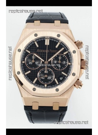 Royal Oak Chrono 26240 Rose Gold Black Dial Leather Strap Super Clone Watch 