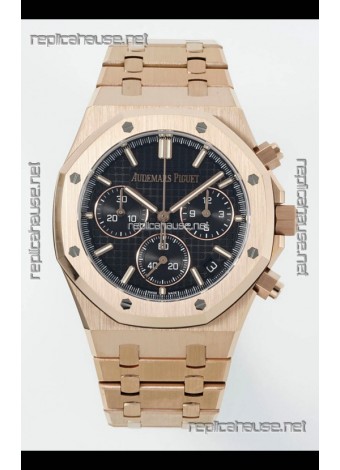 Royal Oak Chrono 26240 Rose Gold Strap in Black Dial Super Clone Watch 