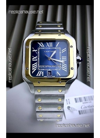 Cartier Santos De Cartier 904L Steel Blue Dial Two Tone Swiss Replica Watch 