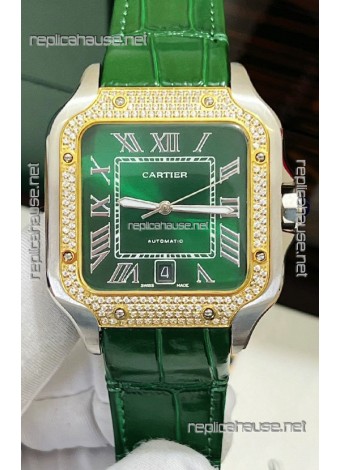 Cartier Santos De Cartier Green Dial Diamonds Two Tone Swiss Replica Watch 