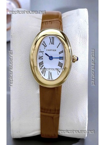 Cartier Baignoire Yellow Gold 23MM Super Clone Watch Brown Strap