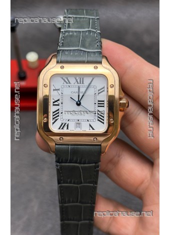 Cartier Santos De Cartier Rose Gold Grey Leather Strap Super Clone Watch 