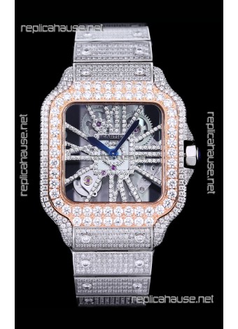 Cartier "Santos De Cartier" Skeleton moissanite Paved Super Clone Watch 