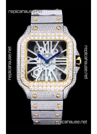 Cartier "Santos De Cartier" Skeleton moissanite Paved Super Clone Watch 