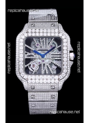 Cartier "Santos De Cartier" Skeleton moissanite Paved Super Clone Watch 