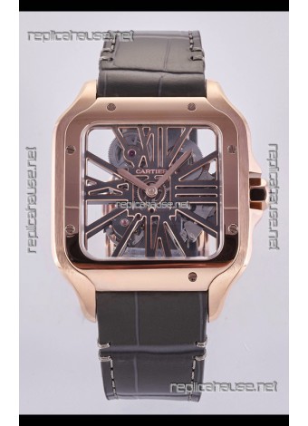 Santos De Cartier Super Clone Watch in Skeleton Dial Rose Gold Case