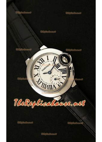 Ballon De Cartier Ladies Watch in Stainless Steel in Black Leather Strap