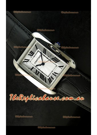 Cartier Tank Ladies Replica Watch in Steel Case/Black Strap