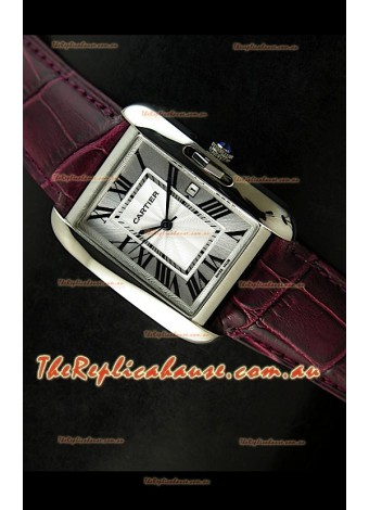 Cartier Tank Ladies Replica Watch in Steel Case/Maroon Strap