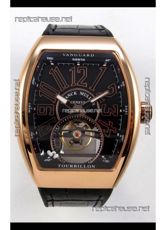 Franck Muller V45 Tourbillon Rose Gold Black Dial Brown Leather Super Clone Watch 