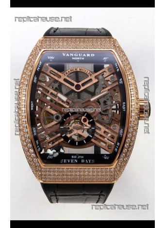 Franck Muller V45 Tourbillon Skeleton Rose Gold Diamonds Super Clone Watch 