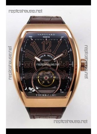 Franck Muller V45 Tourbillon Rose Gold Black Dial Black Leather Super Clone Watch 