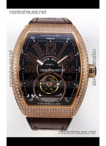Franck Muller V45 Tourbillon Rose Gold Diamonds Brown Strap Super Clone Watch 