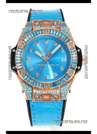 Hublot Big Bang One Click moissanite Rose Gold Super Clone Watch Blue Dial 