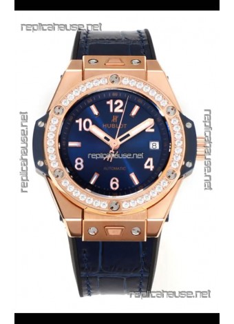 Hublot Big Bang One Click moissanite Bezel Rose Gold Super Clone Watch Blue Dial