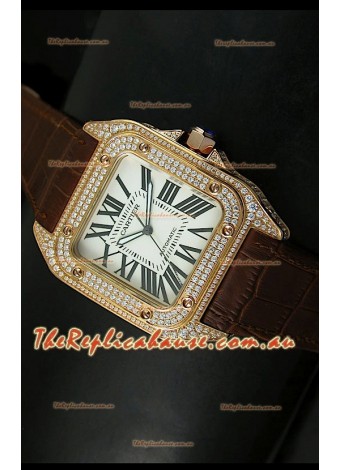 Cartier Santos 100 1:1 Mirror Replica Rose Gold Diamonds Watch 42MM