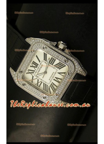 Cartier Santos 100 1:1 Mirror Replica Steel Diamonds Watch Mens Size 42MM