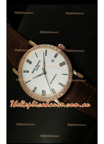Patek Philippe Calatrava 5120 Swiss Replica Watch in Pink Gold Casing - Roman Hours
