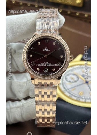 Omega De Ville Automatic 34MM Burgundy Dial Rose Gold Case Super Clone Watch 