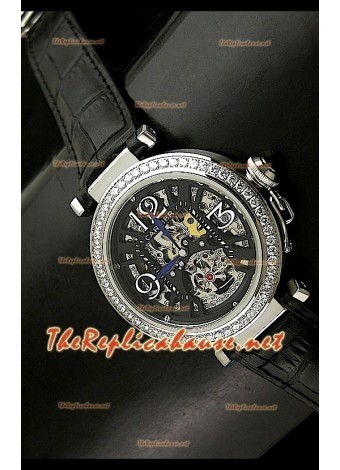 Cartier Pasha Ladies Skeleton Dial Watch in Black Strap