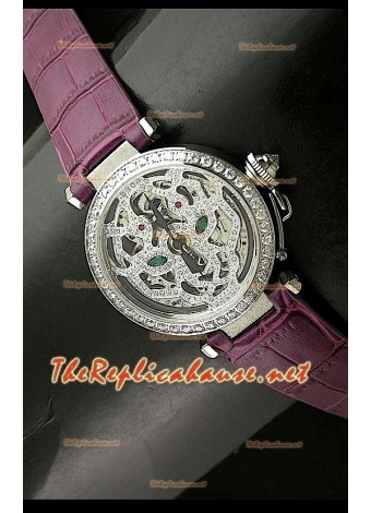 Cartier Pasha Ladies Skeleton Dial Watch in Dark Pink Strap