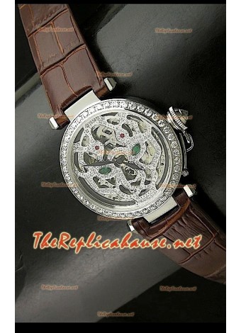 Cartier Pasha Ladies Skeleton Dial Watch in Brown Strap