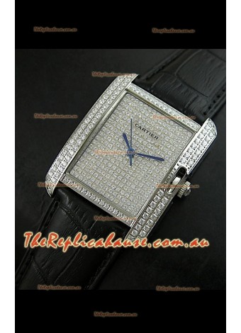 Cartier Tank Anglaise Ladies Replica Watch in Steel/Black Strap