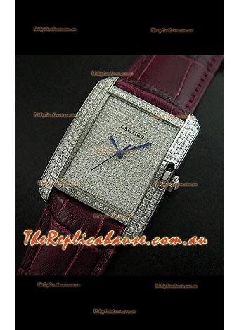 Cartier Tank Anglaise Ladies Replica Watch in Steel/Maroon Strap