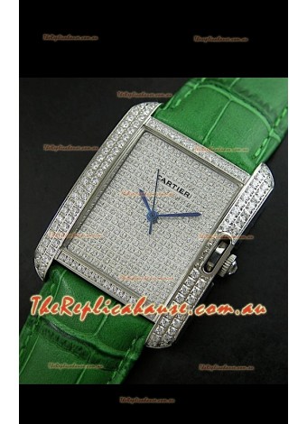 Cartier Tank Anglaise Ladies Replica Watch in Steel/Green Strap