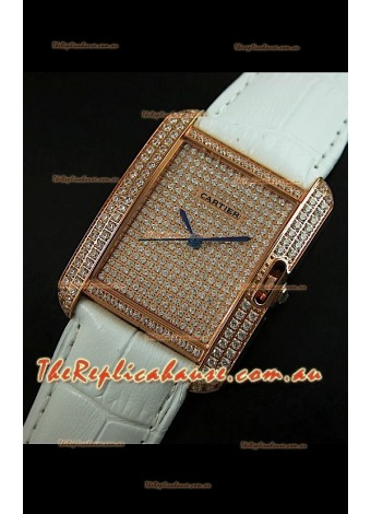 Cartier Tank Anglaise Ladies Replica Watch in Gold Case/White Strap
