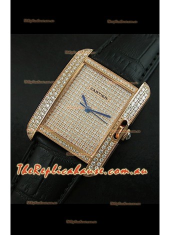 Cartier Tank Anglaise Ladies Replica Watch in Gold Case/Black Strap