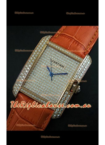 Cartier Tank Anglaise Ladies Replica Watch in Gold Case/Brown Strap