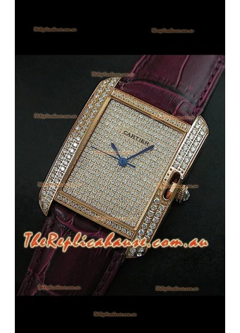 Cartier Tank Anglaise Ladies Replica Watch in Gold Case/Maroon Strap