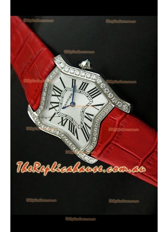 Cartier Tank Folle Ladies Replica Watch in Steel Case/Red Strap