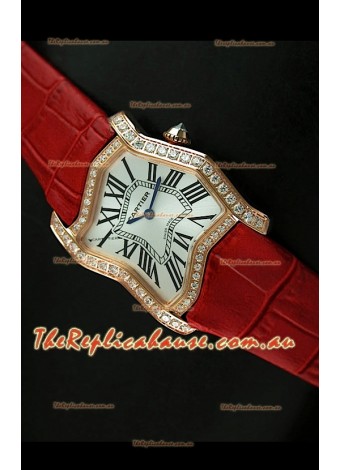 Cartier Tank Folle Ladies Replica Watch in Yellow Gold Case/Red Strap