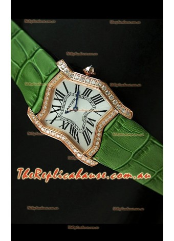Cartier Tank Folle Ladies Replica Watch in Yellow Gold Case/Green Strap