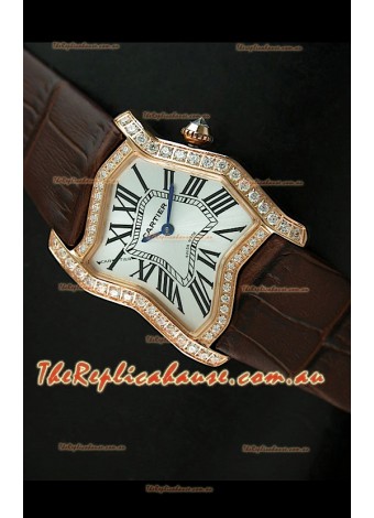 Cartier Tank Folle Ladies Replica Watch in Yellow Gold Case/Brown Strap