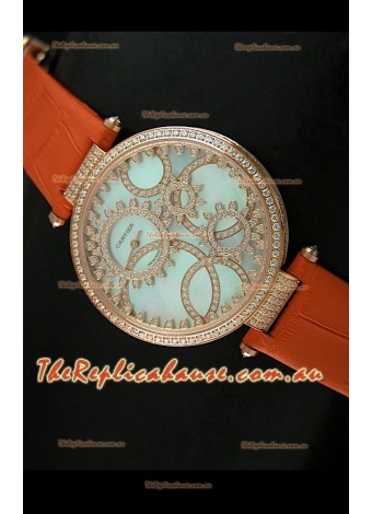 Cartier Replica Watch with Diamonds Embedded Dial Bezel in Gold Case/Orange Strap